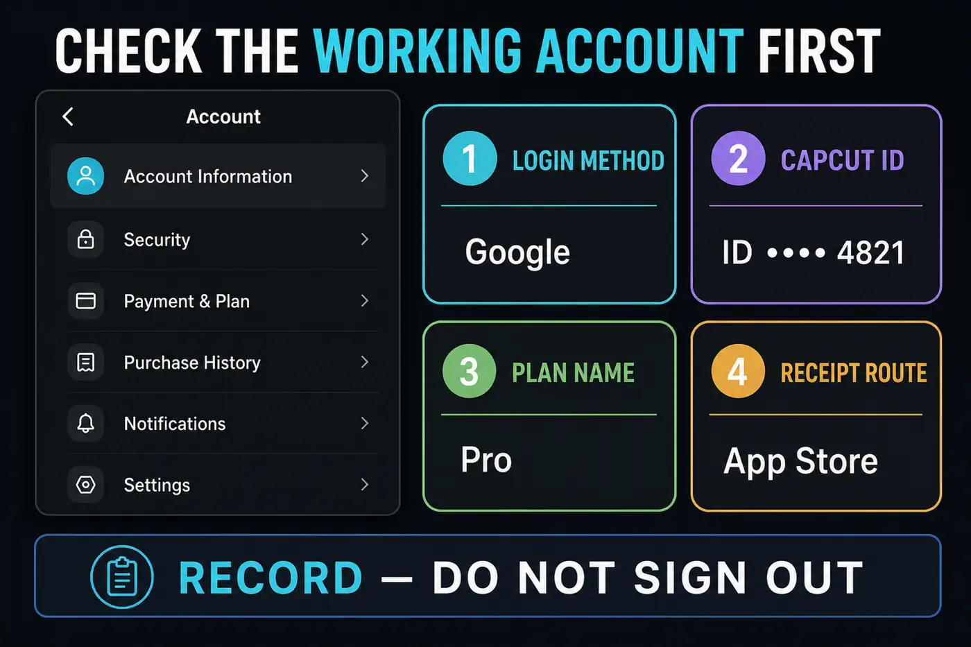 Four-point CapCut account check for login method, ID, plan and receipt