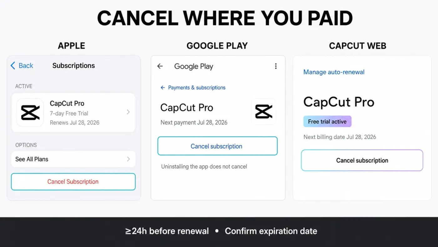 Apple, Google Play and CapCut web controls for cancelling a Pro free trial
