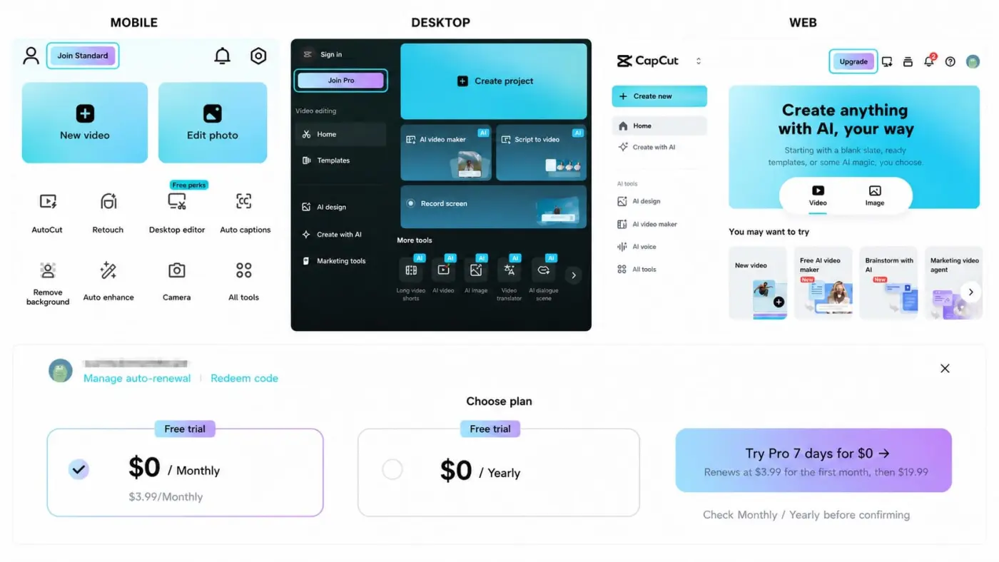 CapCut free trial entry points on mobile, desktop and web