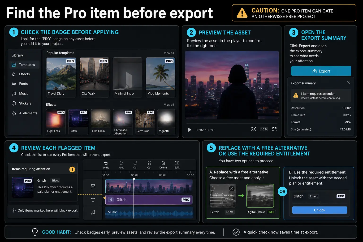 Workflow for finding and replacing a CapCut Pro item before export