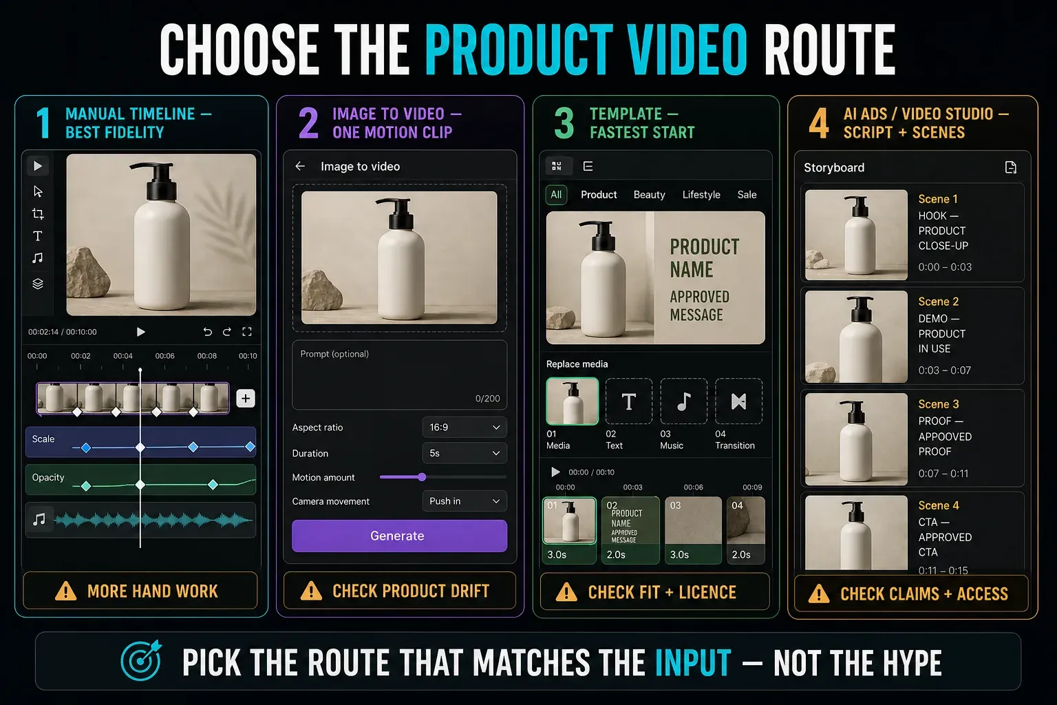 Four CapCut product video routes comparing manual timeline, image to video, templates and AI Ads