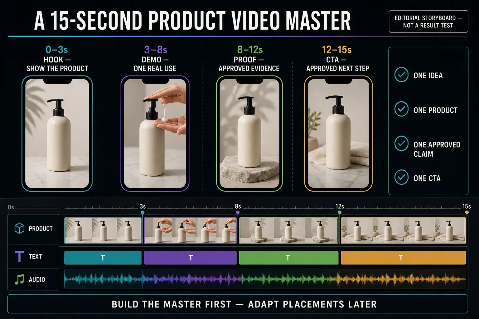 Fifteen-second CapCut product video storyboard with hook, demo, approved proof and call to action