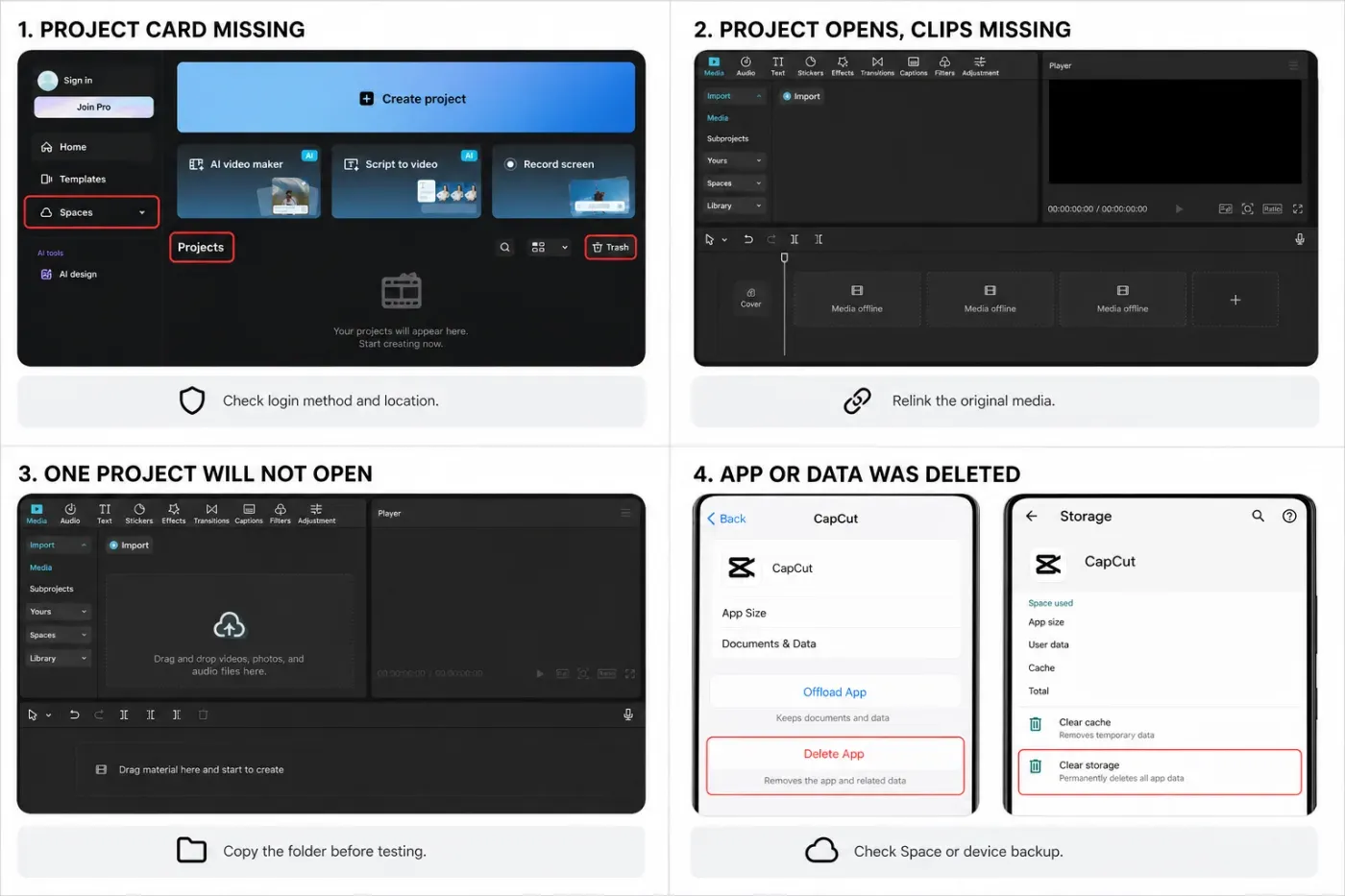 Decision guide for a missing, damaged or deleted CapCut project
