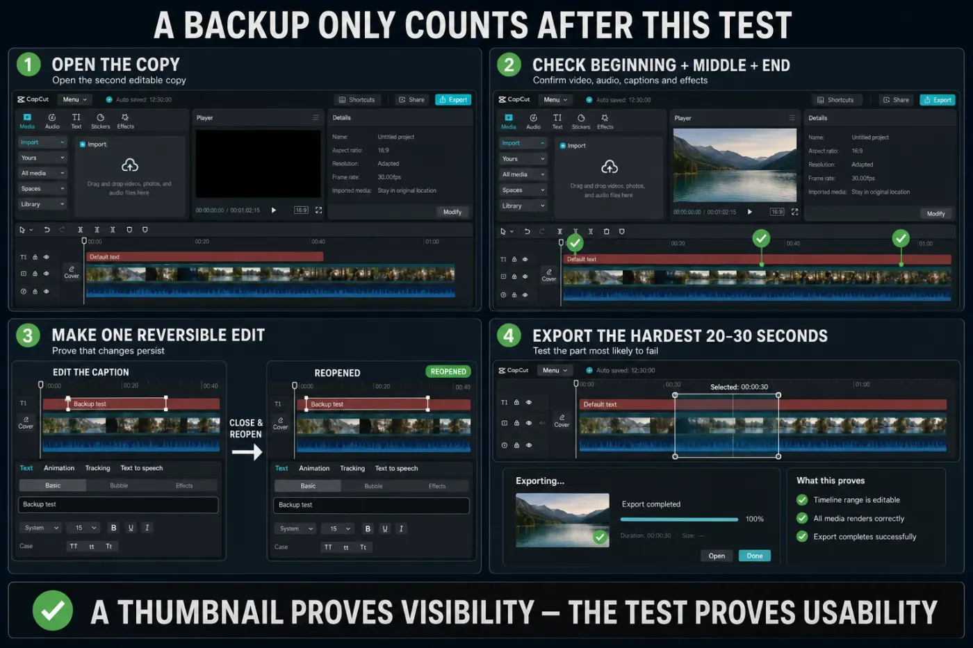 CapCut backup verification with open timeline, media check, reversible edit and test export