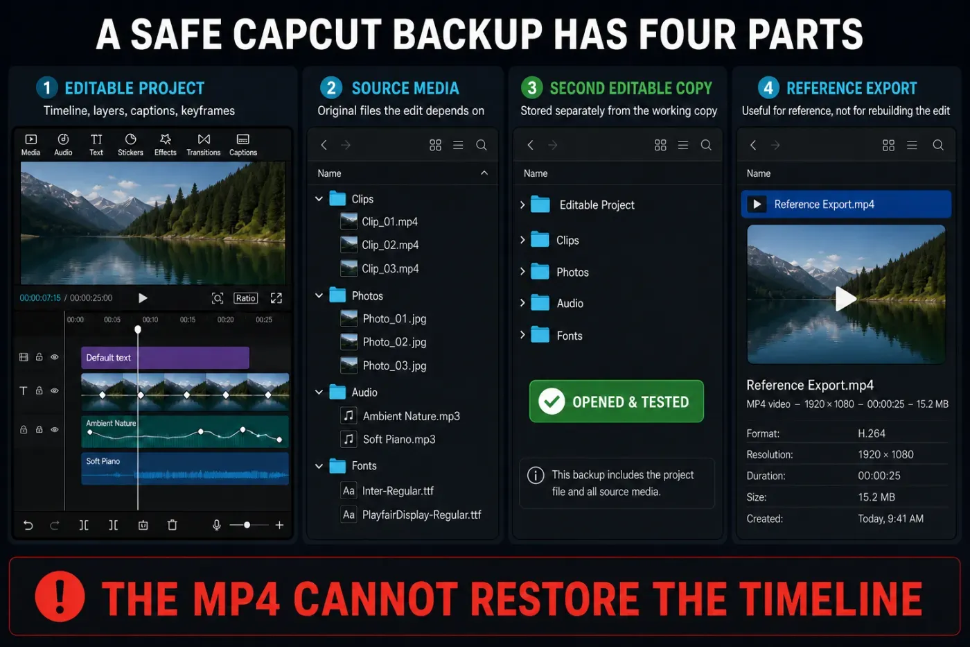 CapCut backup components with editable timeline, source media, second project copy and reference export