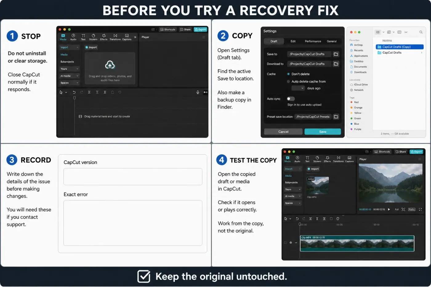 Four safety steps before attempting CapCut project recovery
