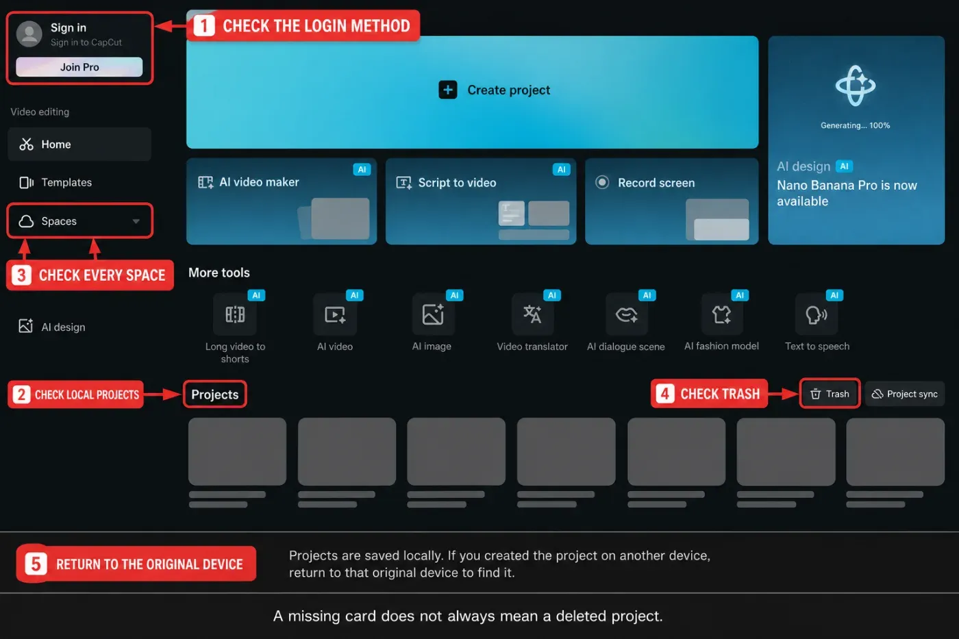 Order for finding a missing CapCut project across accounts, local projects, Spaces and Trash