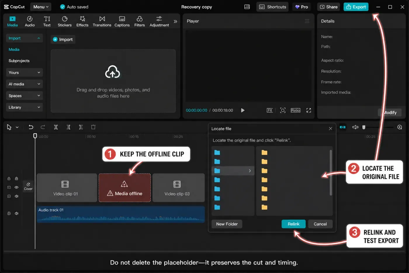CapCut timeline recovery flow for relinking missing source media