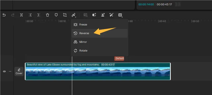 Reverse command in the CapCut Desktop timeline toolbar