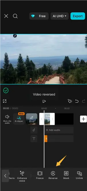Reverse control on a selected video clip in CapCut Mobile