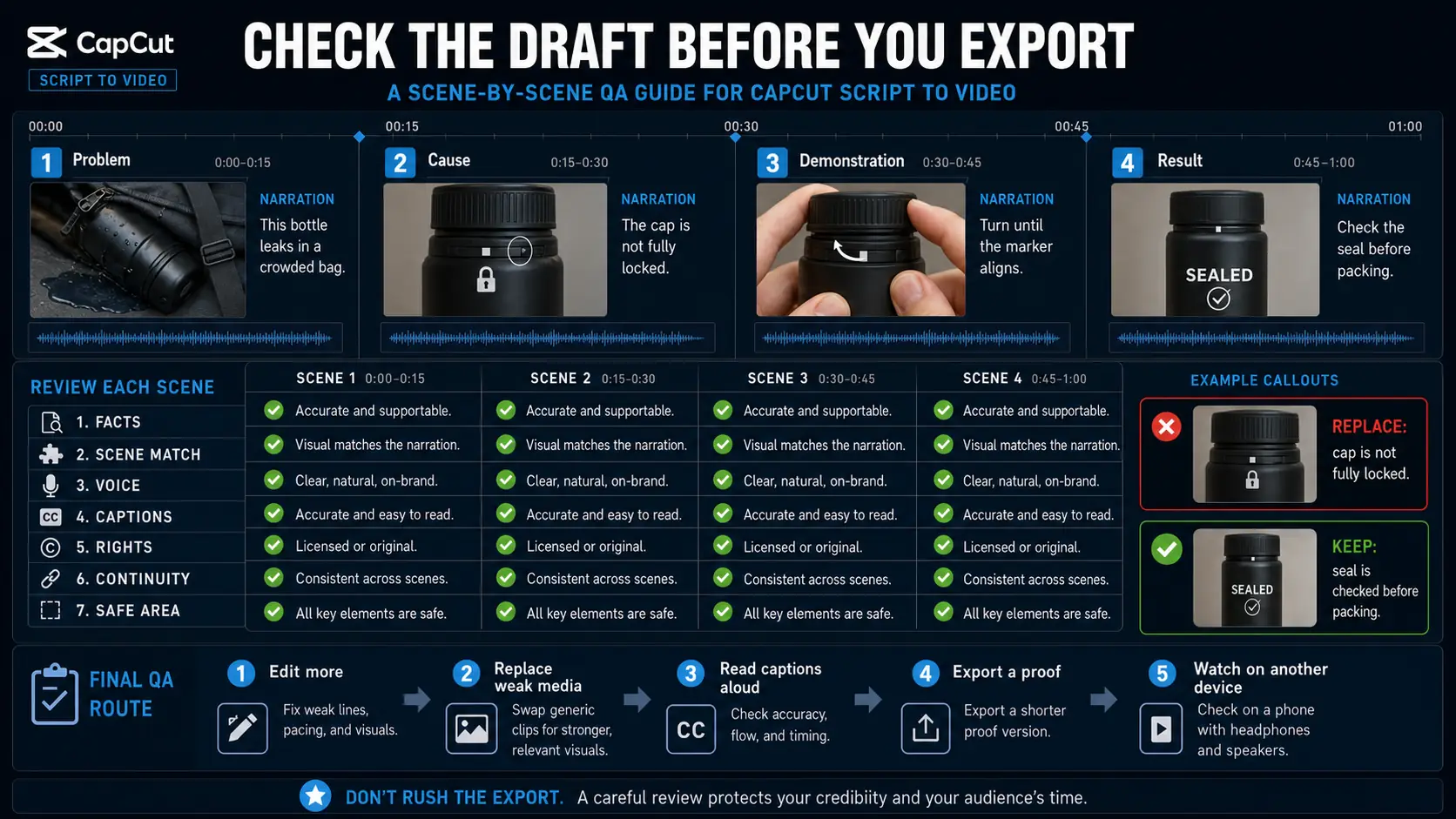 Scene-by-scene QA checklist for facts, visuals, voice, captions, rights, continuity and safe areas