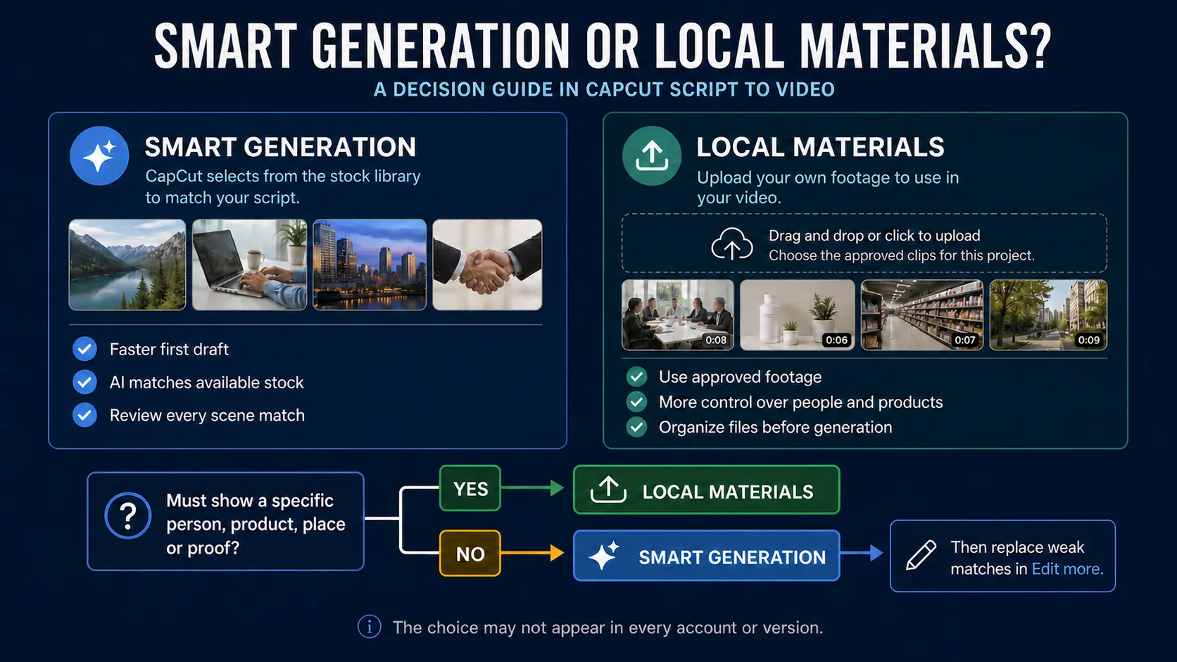Decision guide for choosing Smart generation or Local materials in CapCut Script to Video