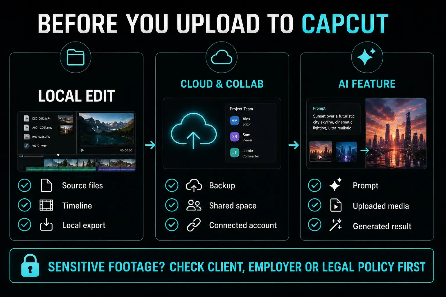 CapCut privacy workflow comparing local editing cloud collaboration and AI uploads for sensitive footage