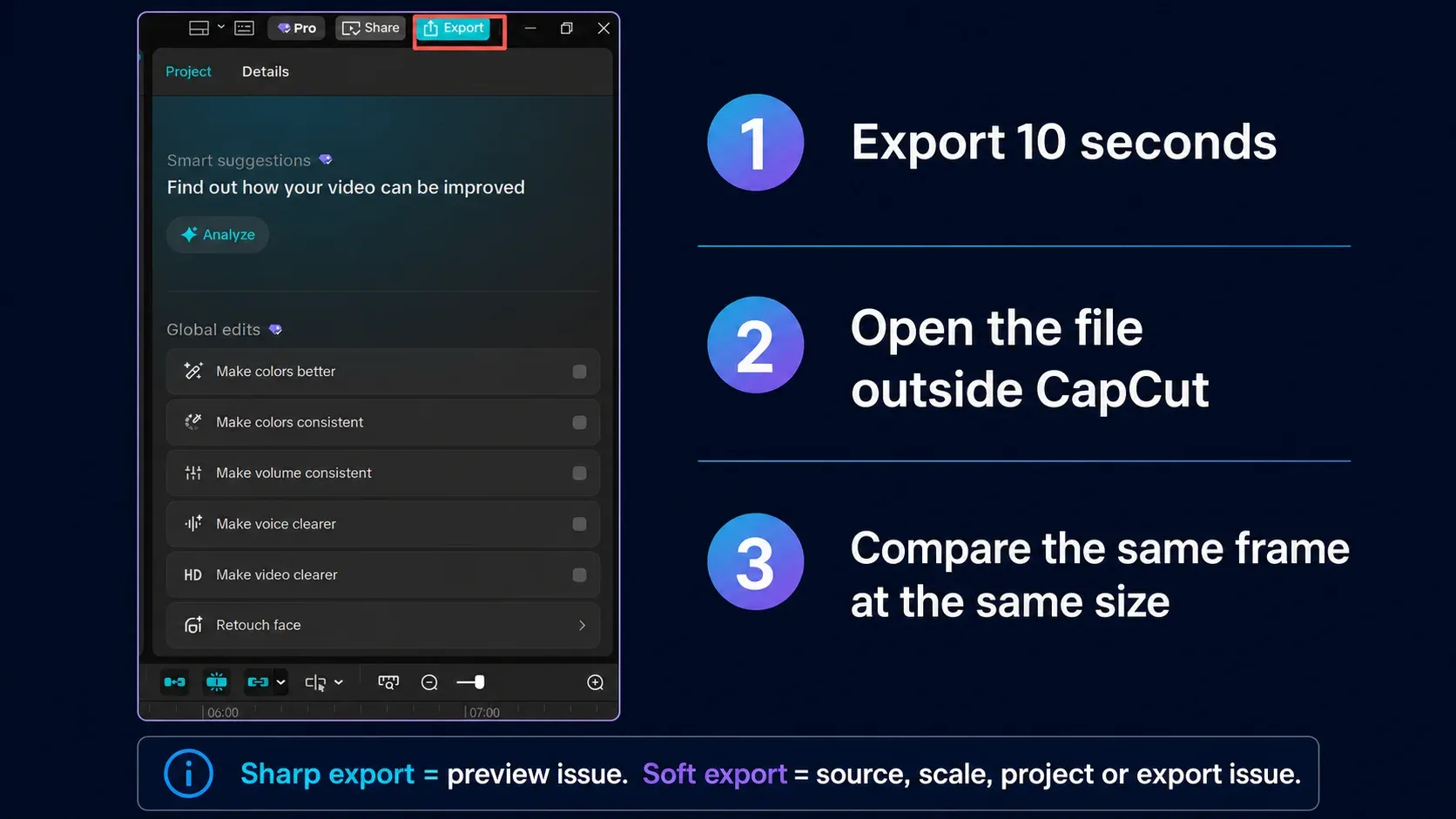 CapCut short export test comparing the same frame outside the editor