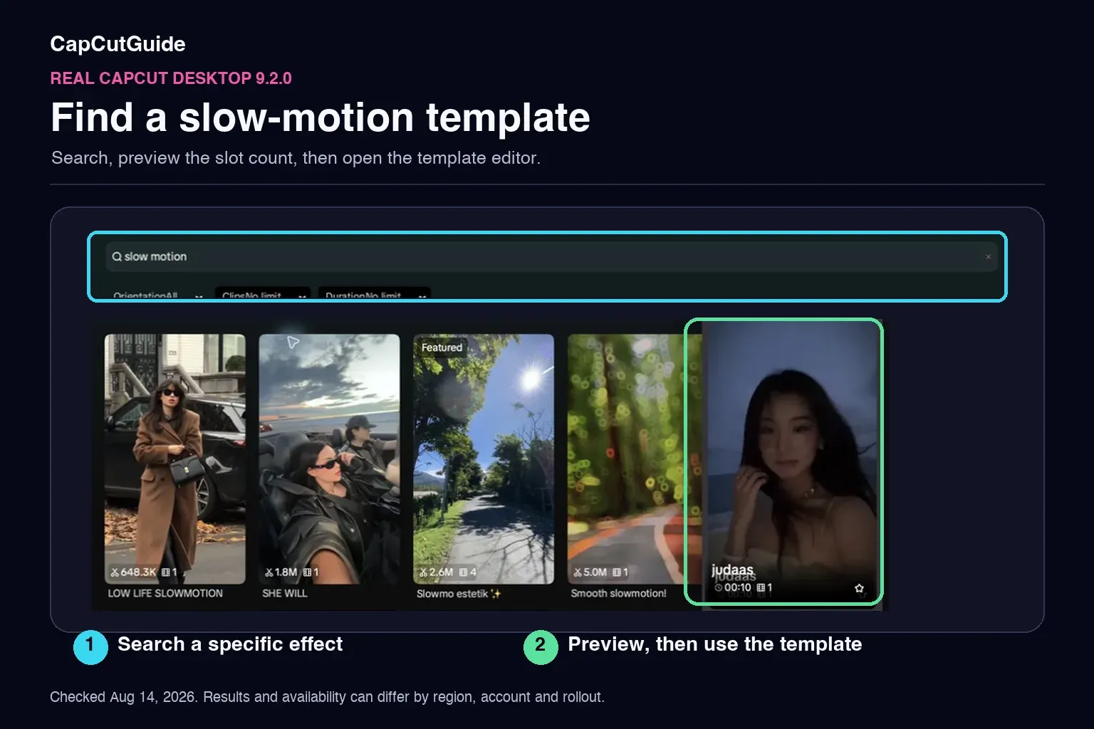 CapCut Desktop 9.2.0 slow motion template search and Use template button