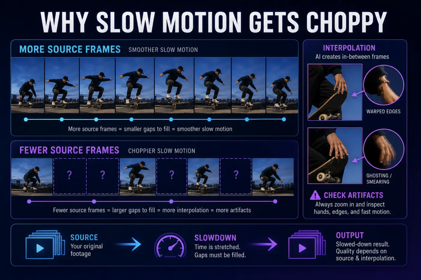 Source frame count and interpolation artifacts that cause choppy slow motion