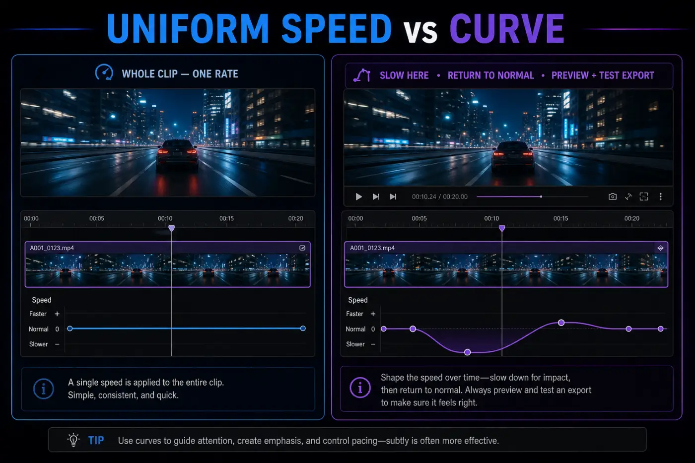 Uniform CapCut clip speed compared with a custom speed curve