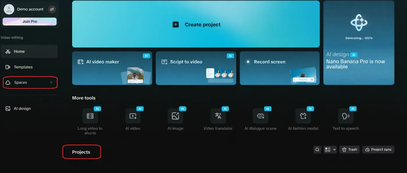 Anonymized CapCut Desktop home screen with Spaces, Projects and Project sync highlighted