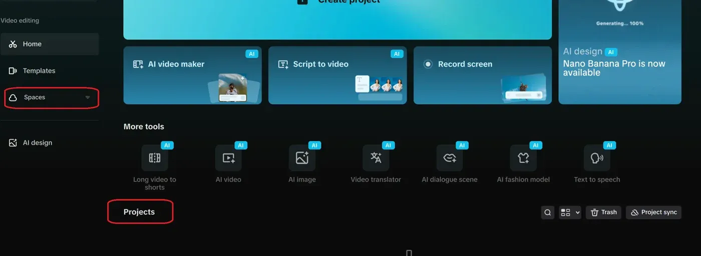 CapCut Desktop home screen showing Spaces Projects and Project sync controls