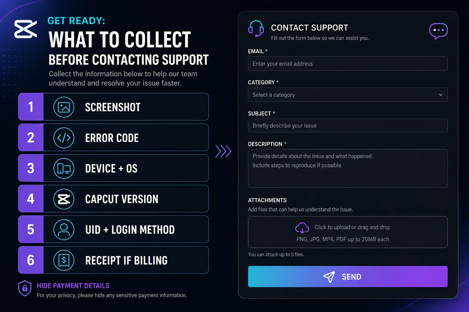 CapCut support ticket checklist for errors account and billing problems