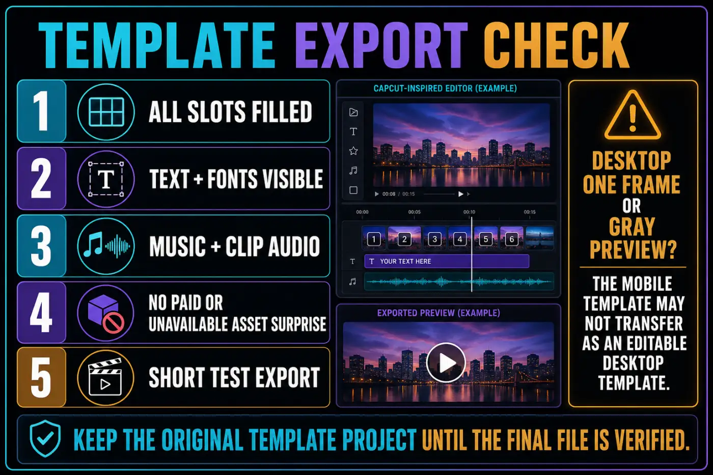 CapCut template export checks and Desktop one-frame or gray-preview warning
