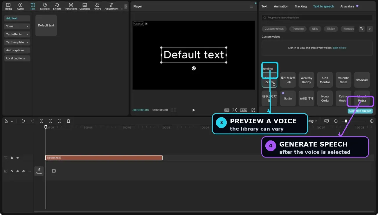 CapCut Desktop Text to speech voice picker with Generate speech button