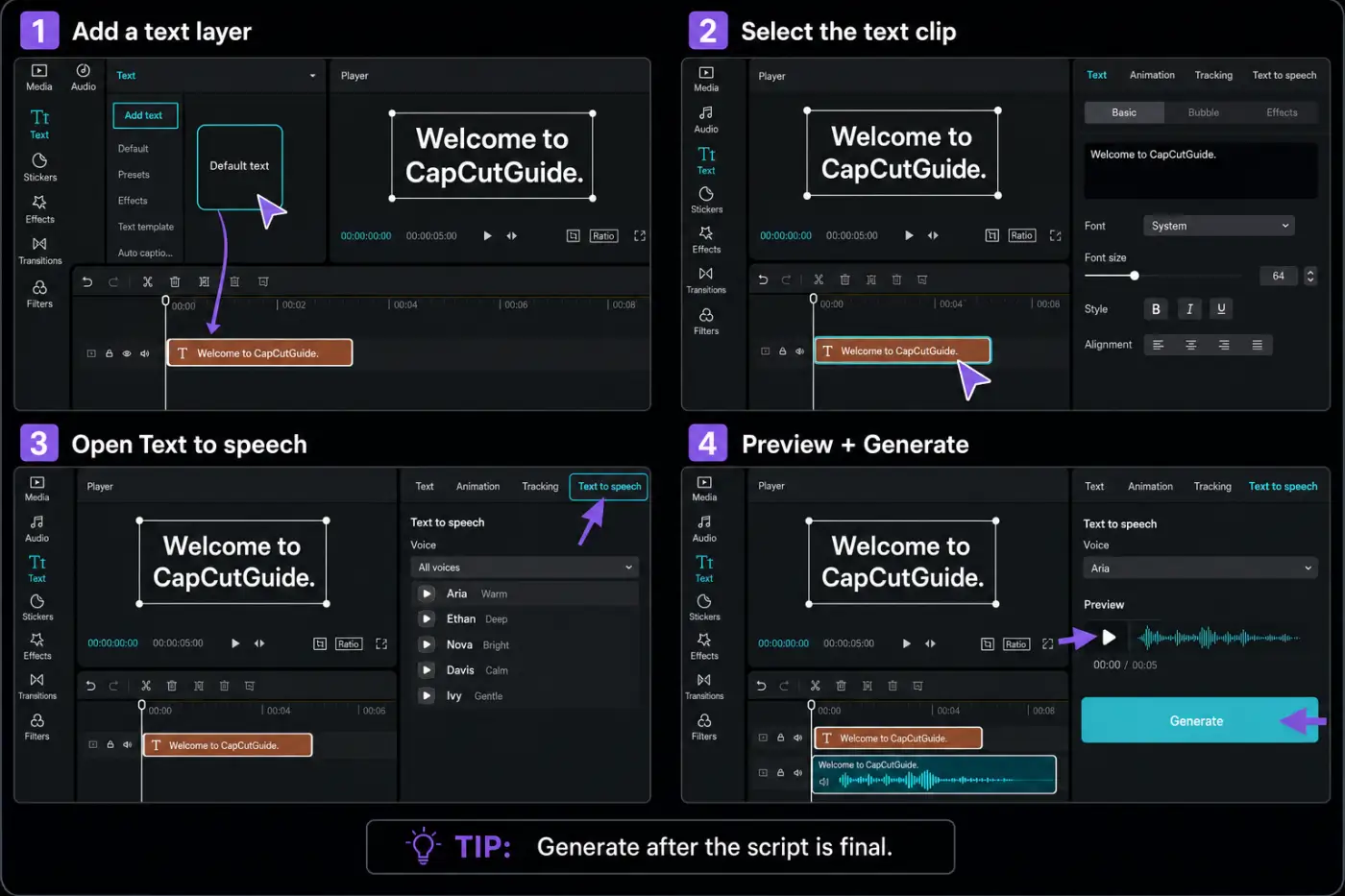 CapCut desktop text-to-speech panel with voice preview and generated waveform