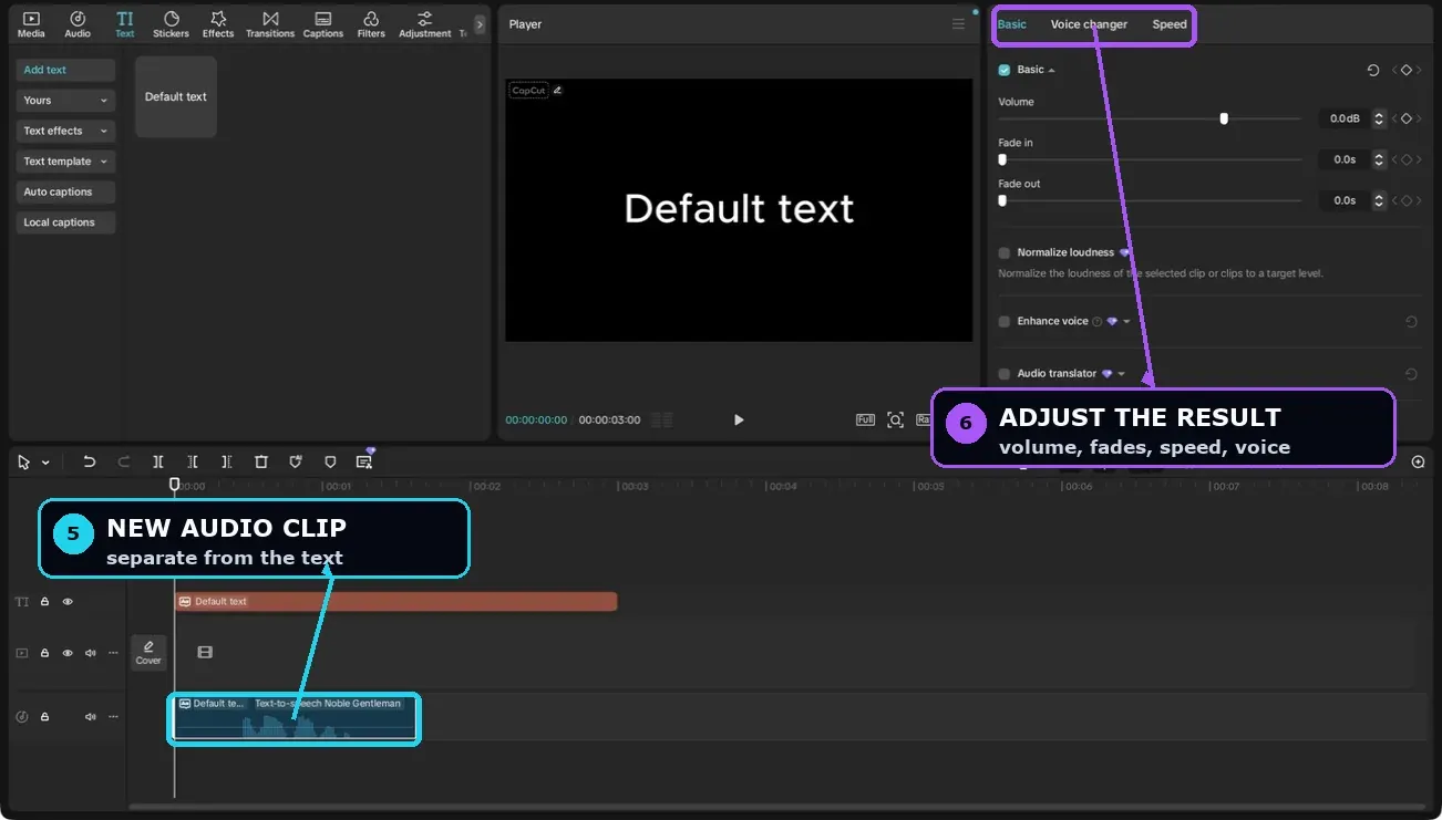 CapCut generated text-to-speech waveform with volume and speed controls
