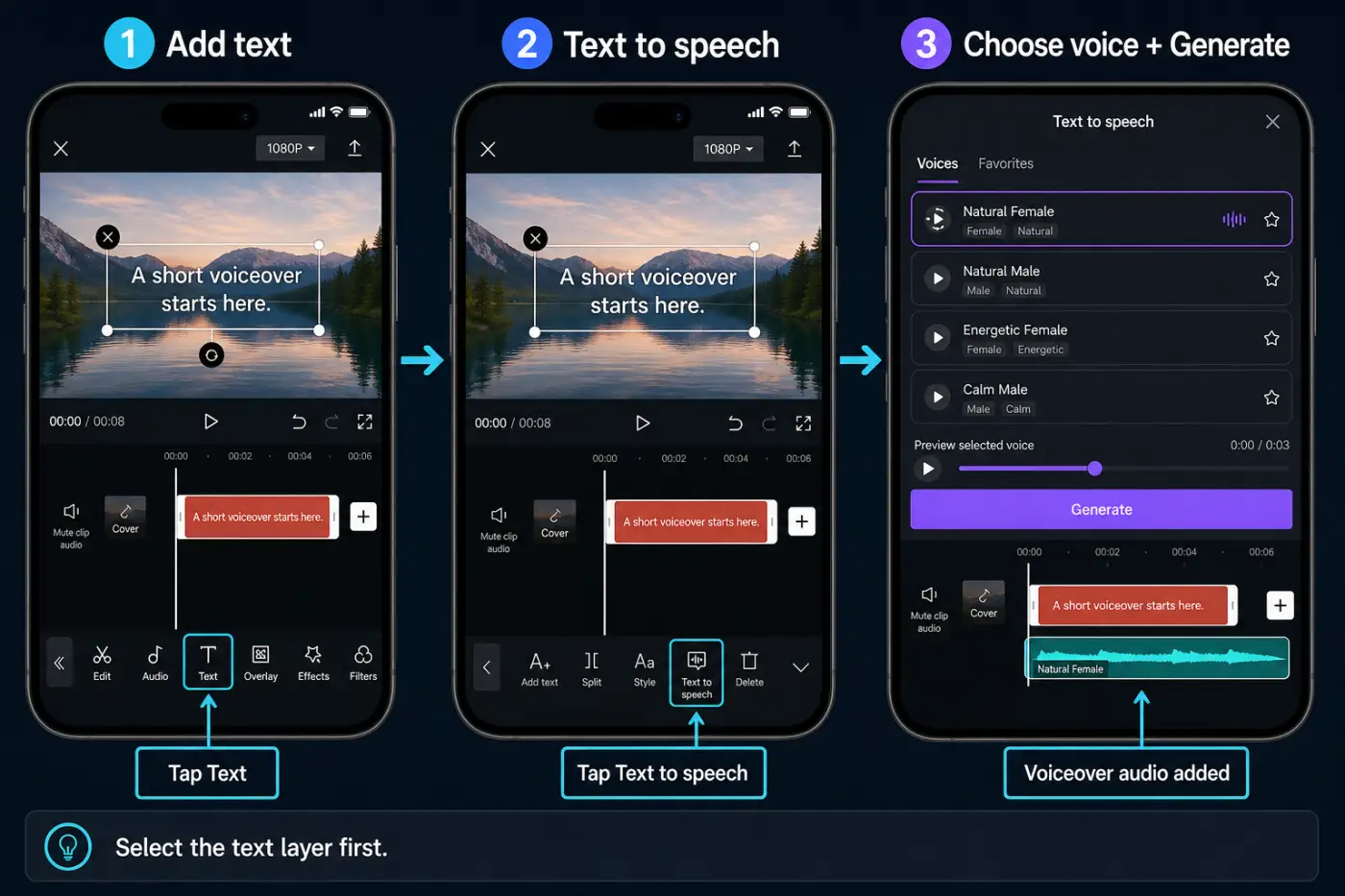 Three-step CapCut mobile text-to-speech workflow from text layer to audio track