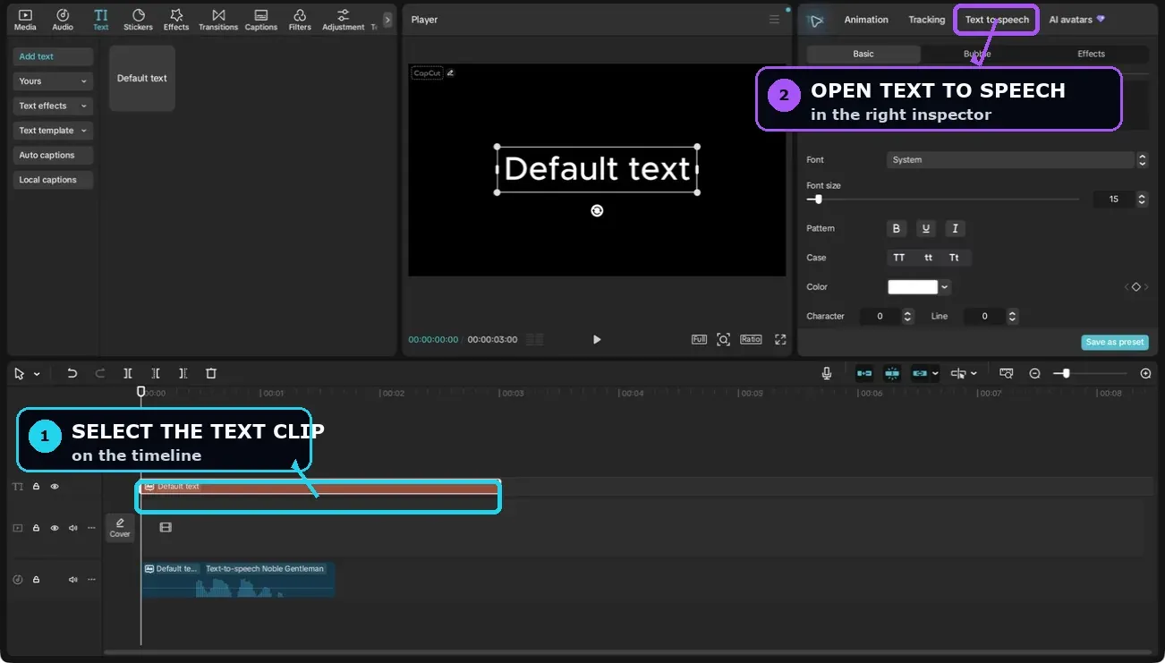CapCut Desktop text clip selected before opening the Text to speech tab