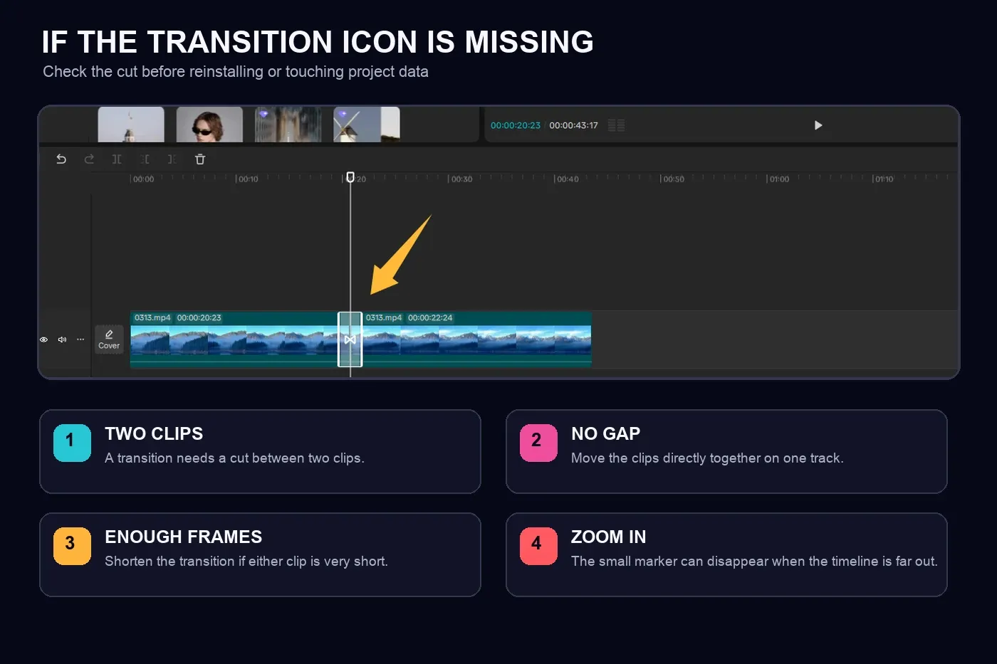 CapCut timeline checks for two adjacent clips no gap enough frames and visible cut icon