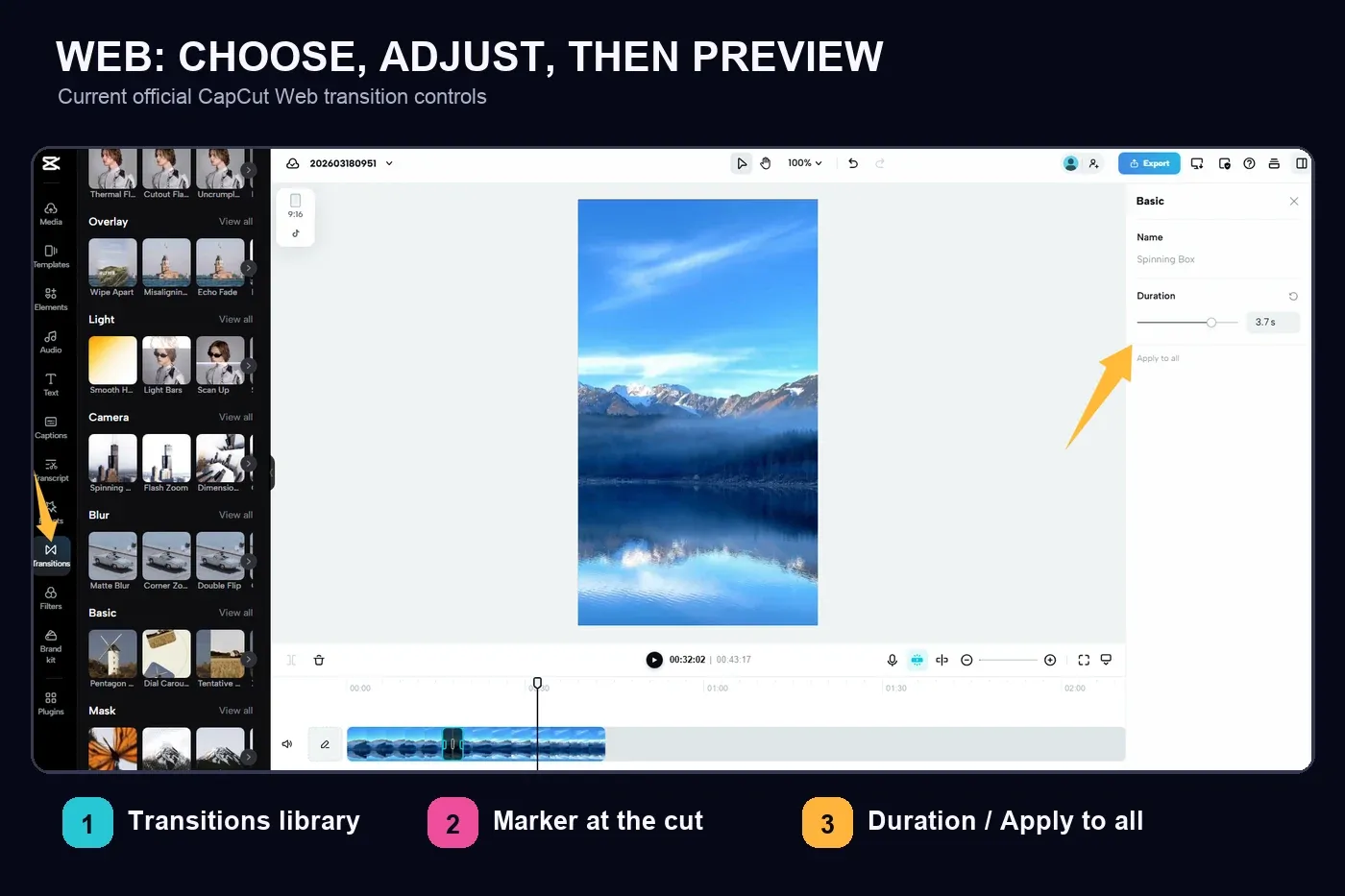 Current CapCut Web Transitions panel with cut marker preset library and duration control