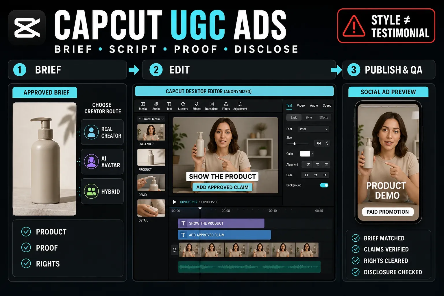 CapCut UGC ad workflow from approved brief and product footage to a disclosed checked social ad