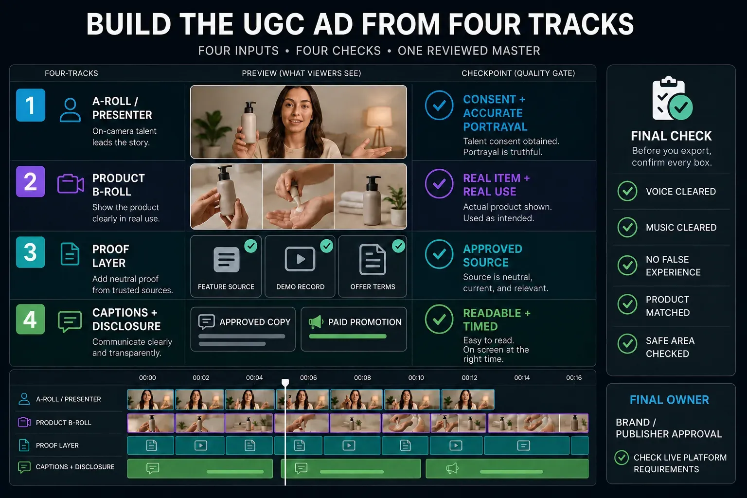 Four-track CapCut UGC ad edit for presenter, product proof, captions and disclosure
