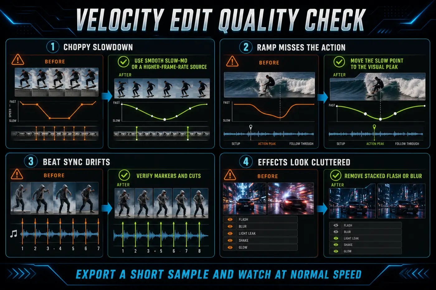 Velocity edit quality checklist for ramp shape, source frames, interpolation and export review
