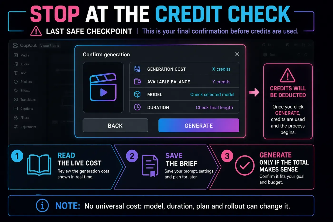 CapCut Video Studio credit confirmation checklist before generating a video