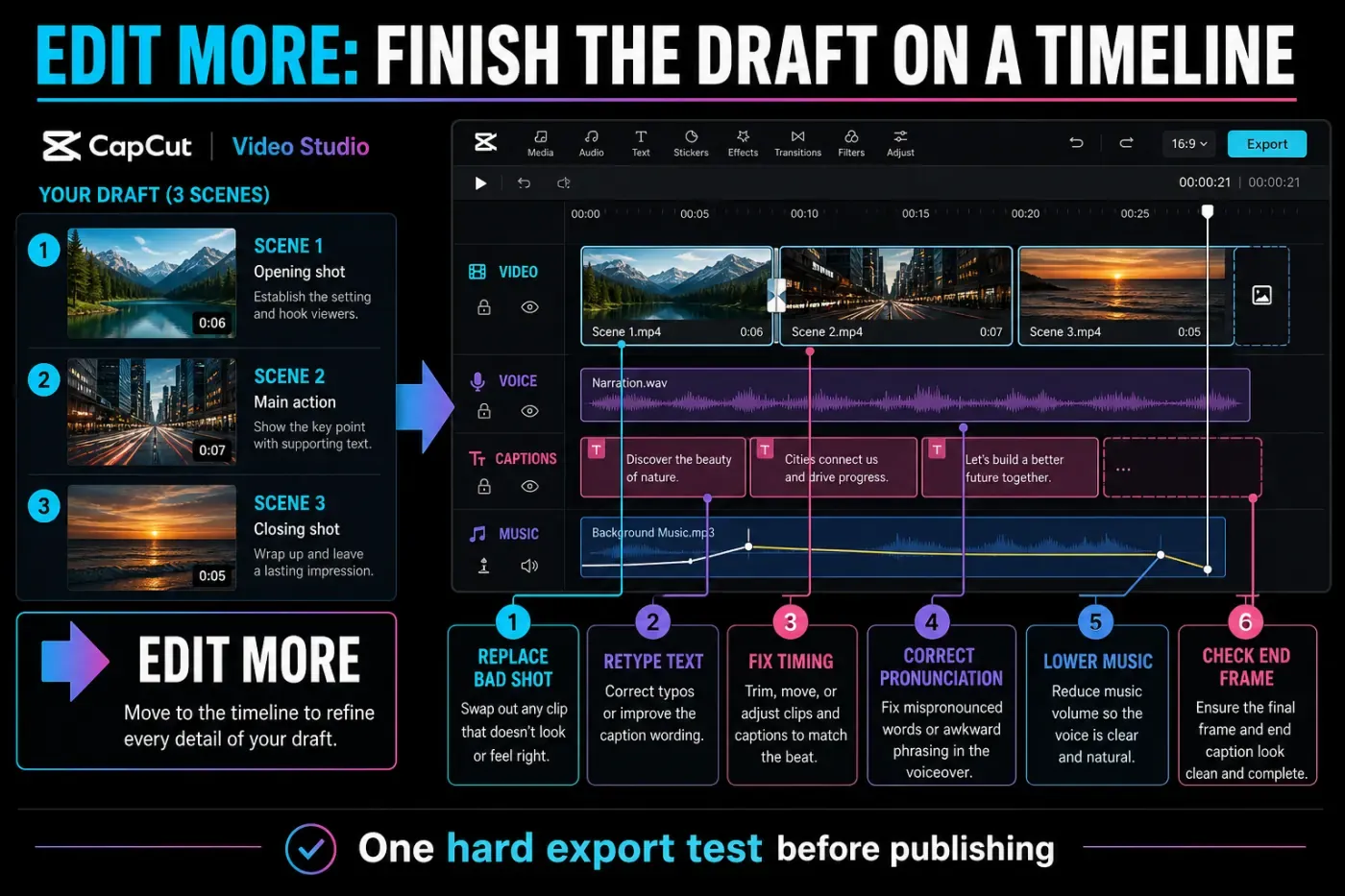 CapCut Edit More handoff from Video Studio storyboard to a multi-track editing timeline