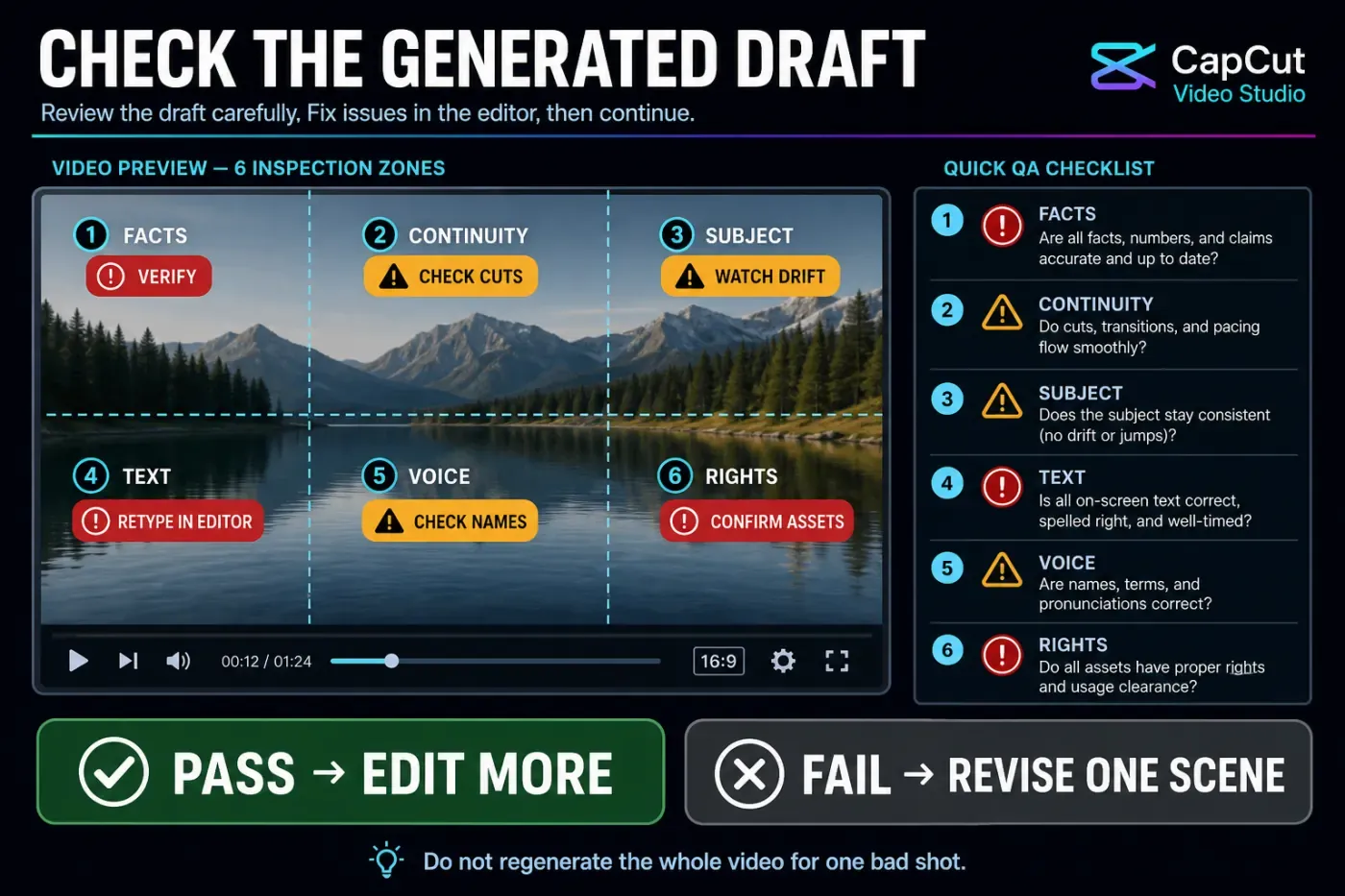 Six-part QA checklist for a CapCut Video Studio generated draft
