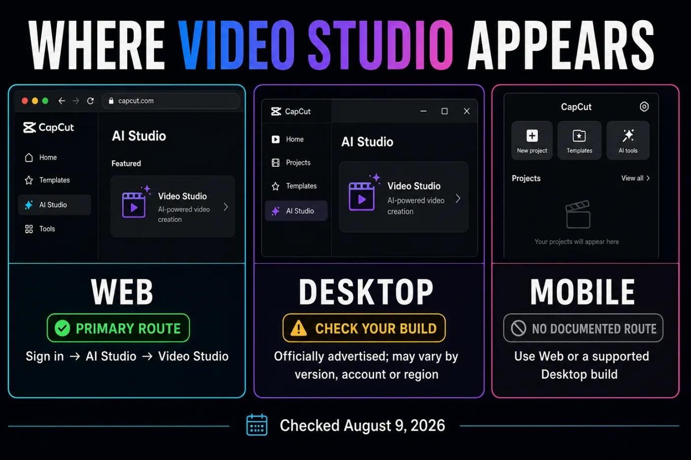 CapCut Video Studio availability check for web, desktop and mobile