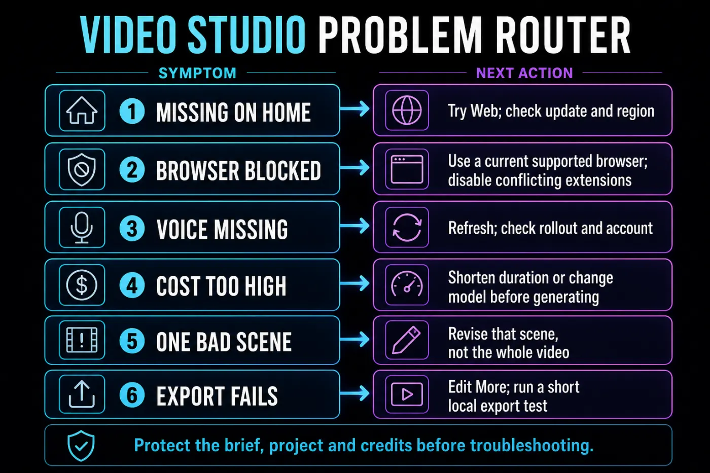 CapCut Video Studio problem router for missing access, credits, scenes, voices and exports