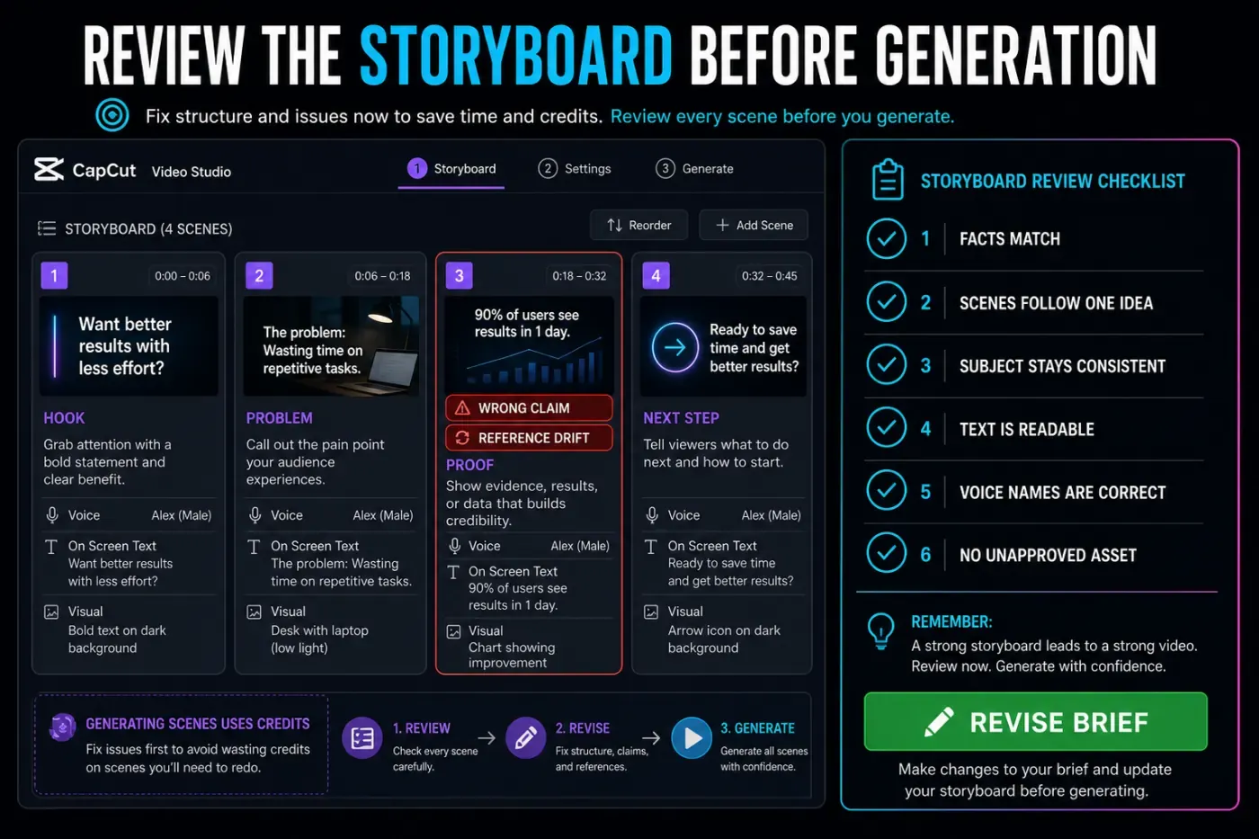 CapCut Video Studio storyboard review for facts, continuity, references, text, voice and assets