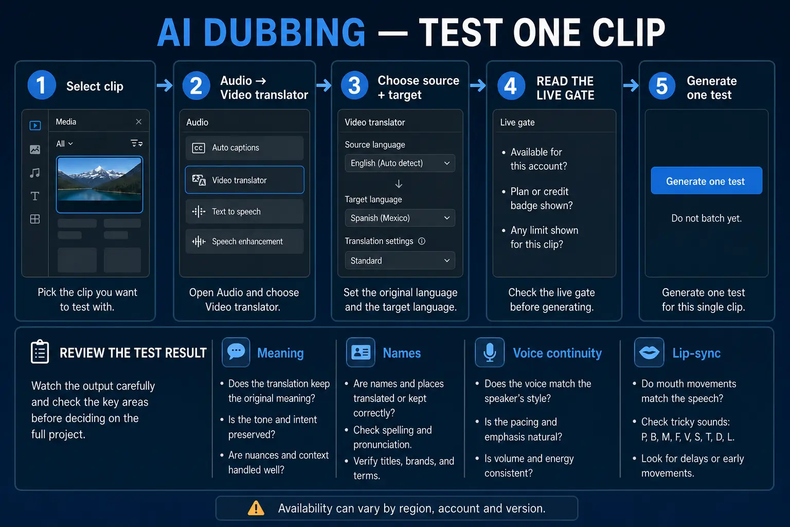 CapCut AI dubbing workflow from a selected clip through Video translator and live gate to one reviewed test