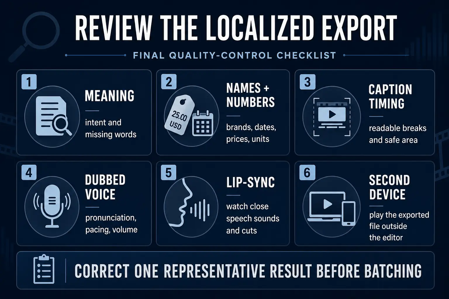 Quality control checklist for meaning names caption timing dubbed voice lip sync and exported playback