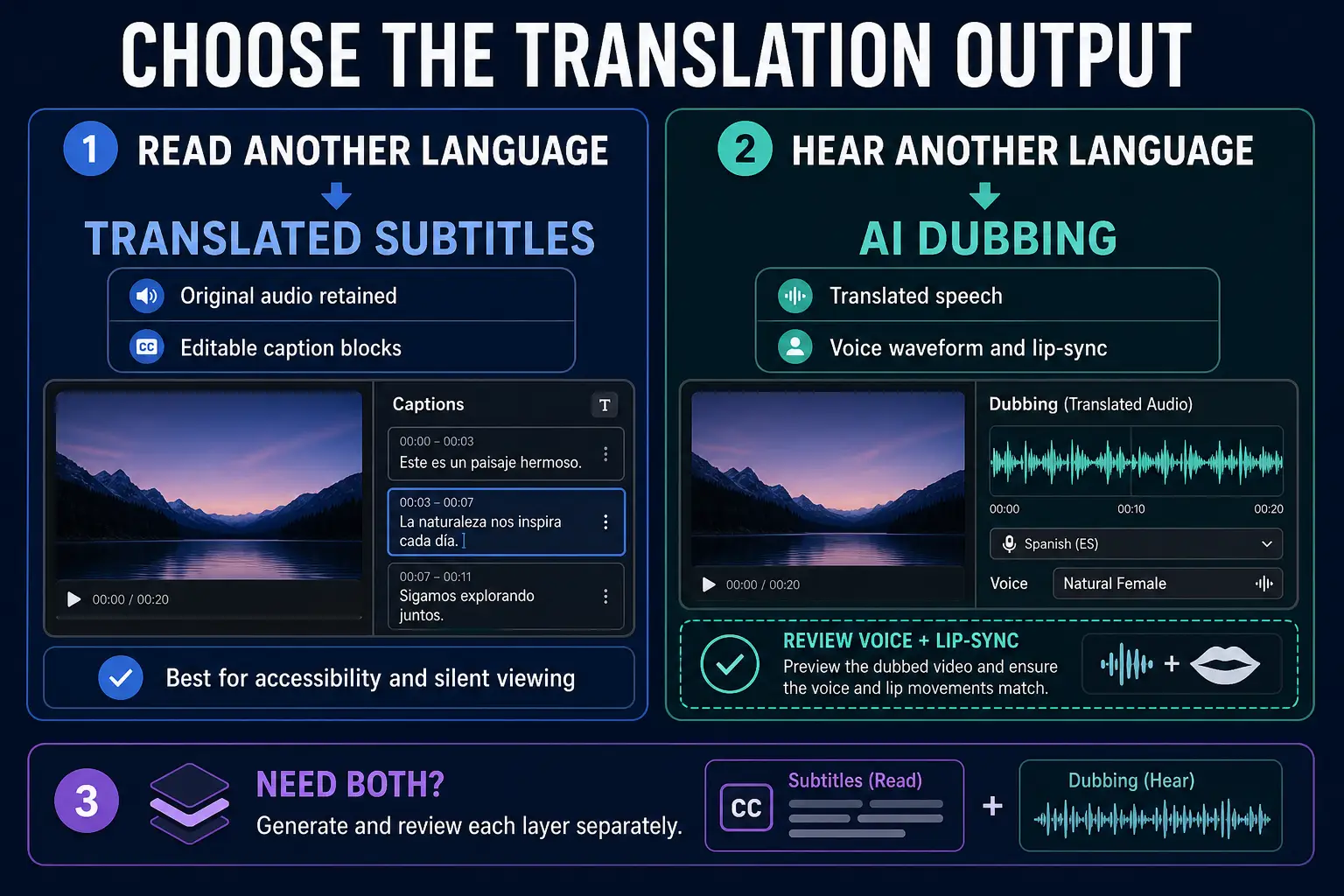 Decision guide for choosing translated subtitles or AI dubbing in CapCut