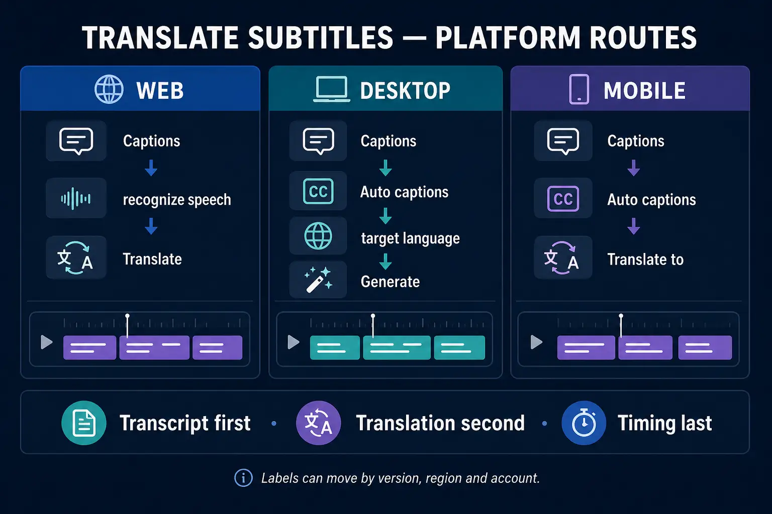 CapCut translated subtitle routes for Web Desktop and Mobile with transcript translation and timing review