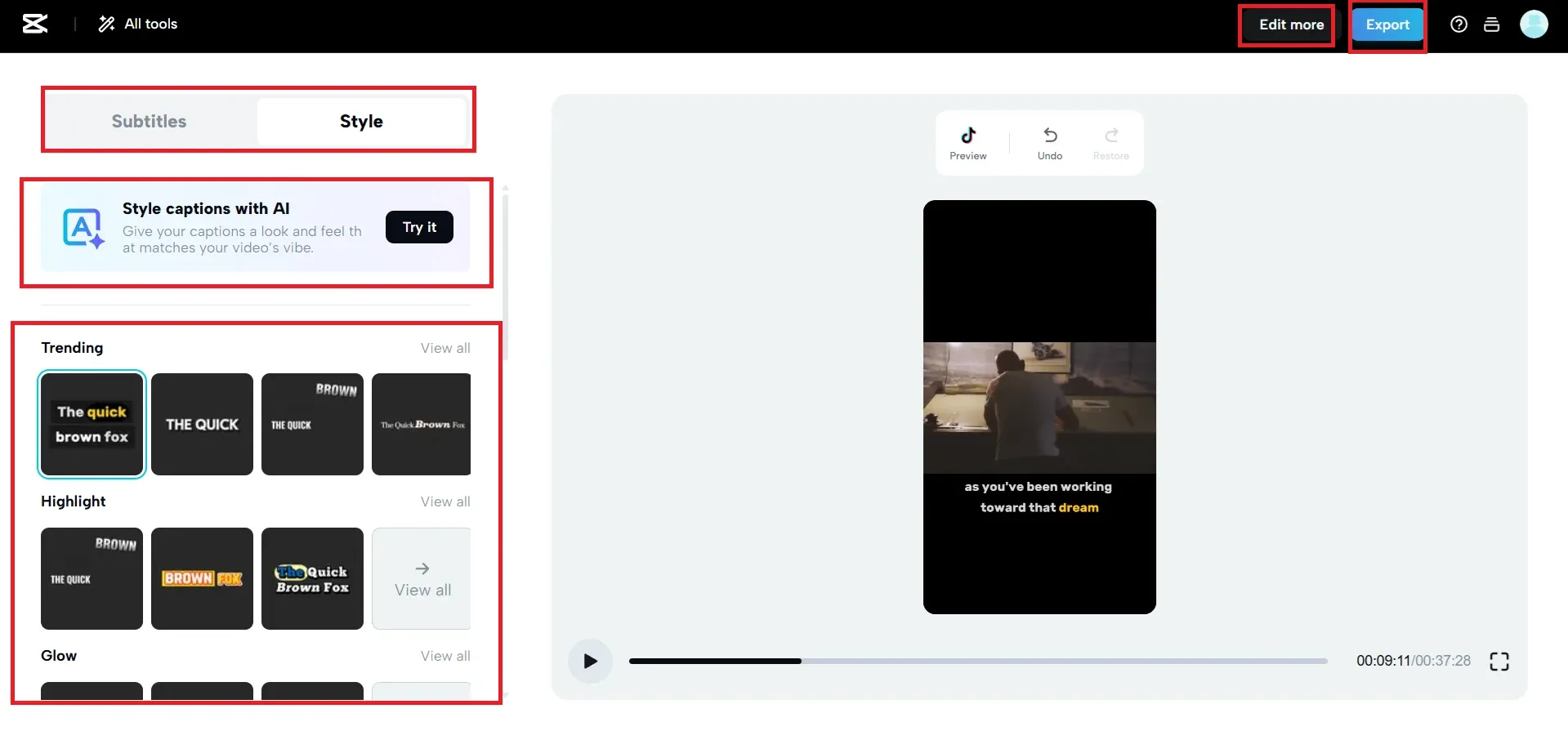 Current CapCut Web Style panel with Trending, Highlight and Glow caption categories