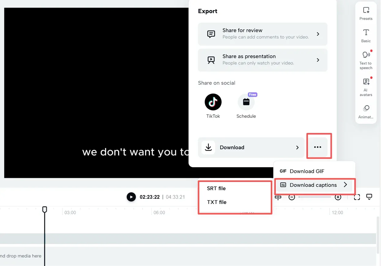 Current CapCut Web menu for Download captions as SRT or TXT
