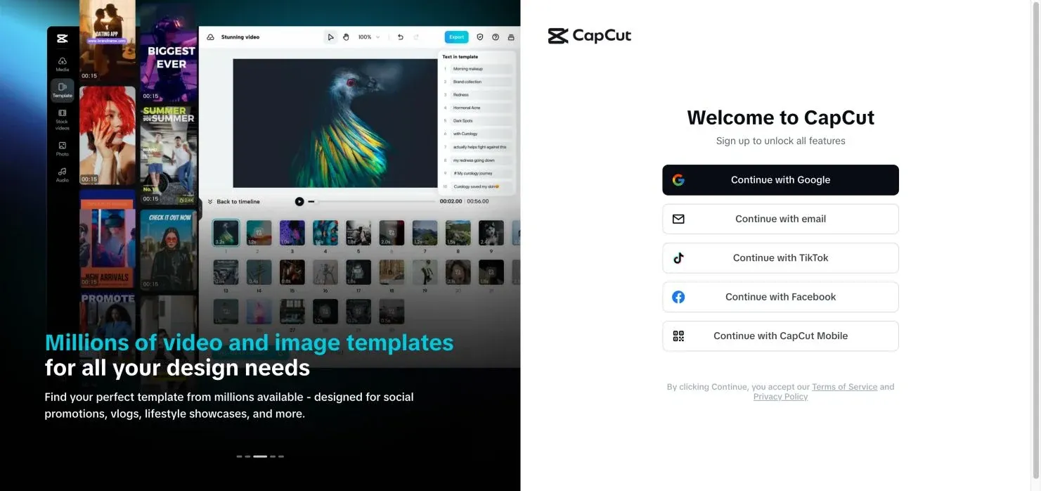 Current CapCut Web sign-in page with Google email TikTok Facebook and CapCut Mobile options