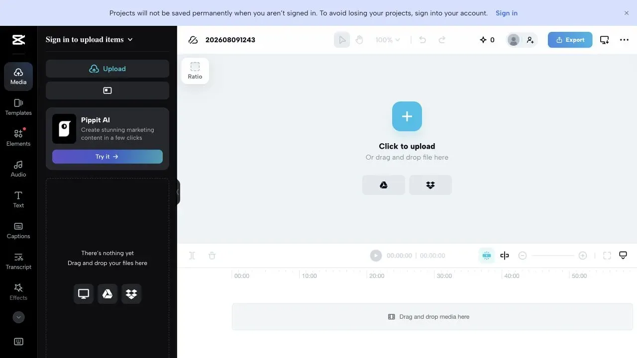 CapCut Web warning that unsigned projects are not saved permanently