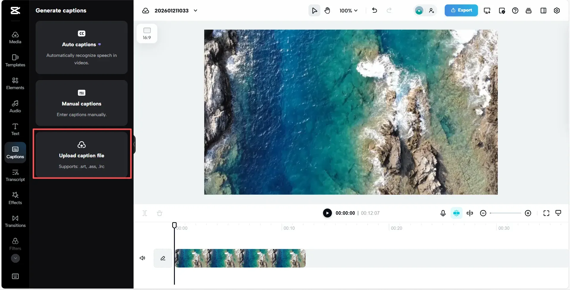 Current CapCut Web Captions panel with Upload caption file and supported format labels